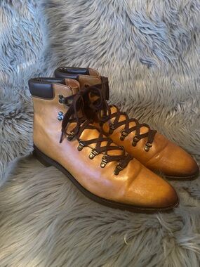 J FitzPatrick Tan Shaded Calf Burnished Leather Lace-Up Hiking-Inspired Boots